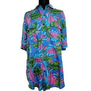 Vintage Silk Blouse Size 1X Button Up Shirt Tropical Blue Pockets Leena Studio